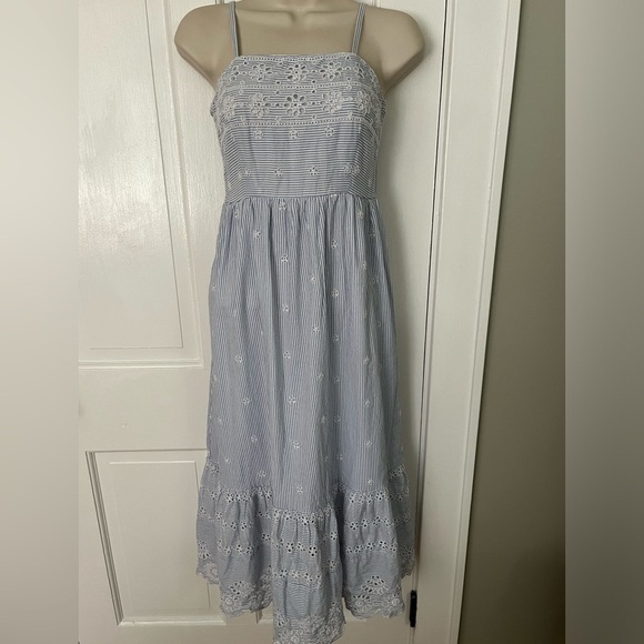 Japna 100% Cotton Blue White Pinstriped Eyelet Ruffle Maxi Dress S Cottagecore - Picture 1 of 13